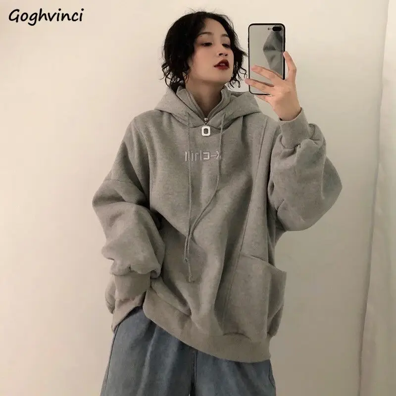 

With Hat Hoodies Women Loose Zipper Turtleneck Harajuku Winter Hooded Sweatshirts Female Thicken Casual BF Korean-style Ulzzang