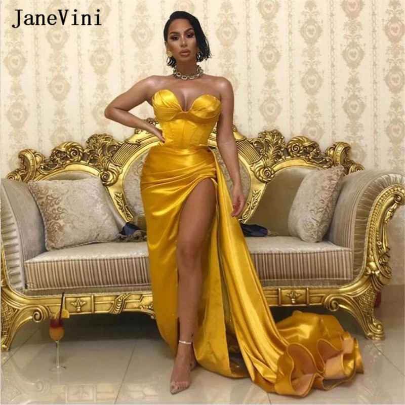 JaneVini Sexy Golden African Long Evening Dresses Plus Size 2020 Strapless Satin Side Slit Floor Length Evening Gowns for Women
JaneVini Sexy Golden African Long Evening Dresses Plus Size 2020 Strapless Satin Side Slit Floor Length Evening Gowns for Women