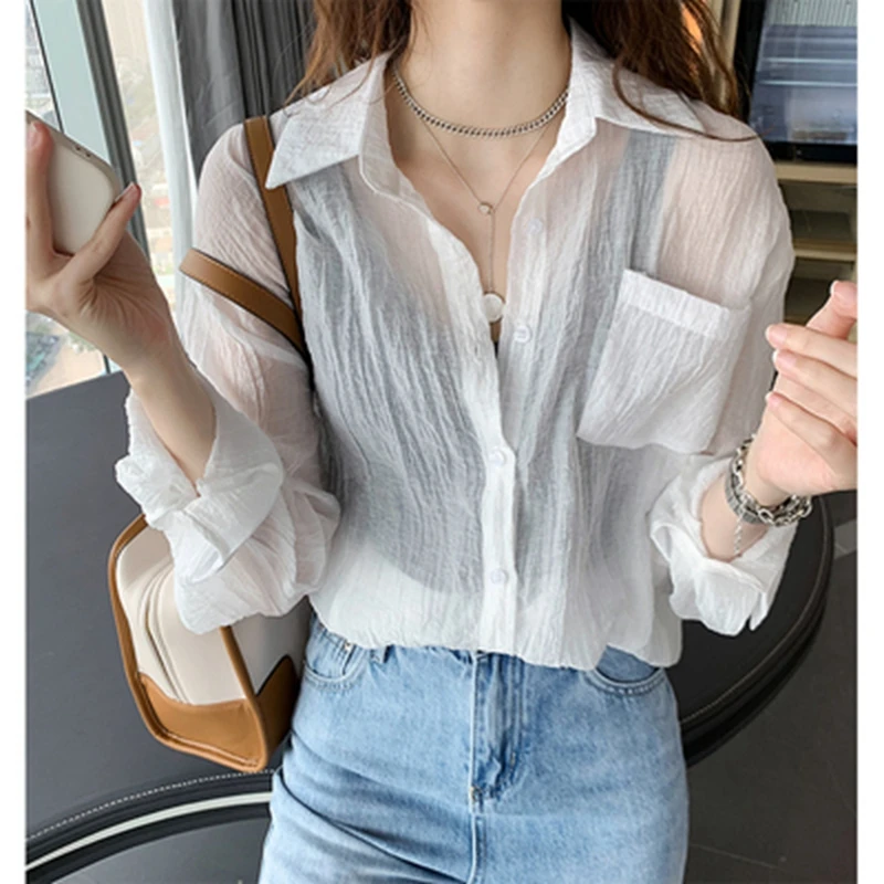 Korea Shirts Women Summer Thin Chiffon Soft Breathable Sheer See-through Full Blouses Basic All-match Fashion Female Loose New
Korea Shirts Women Summer Thin Chiffon Soft Breathable Sheer See-through Full Blouses Basic All-match Fashion Female Loose New