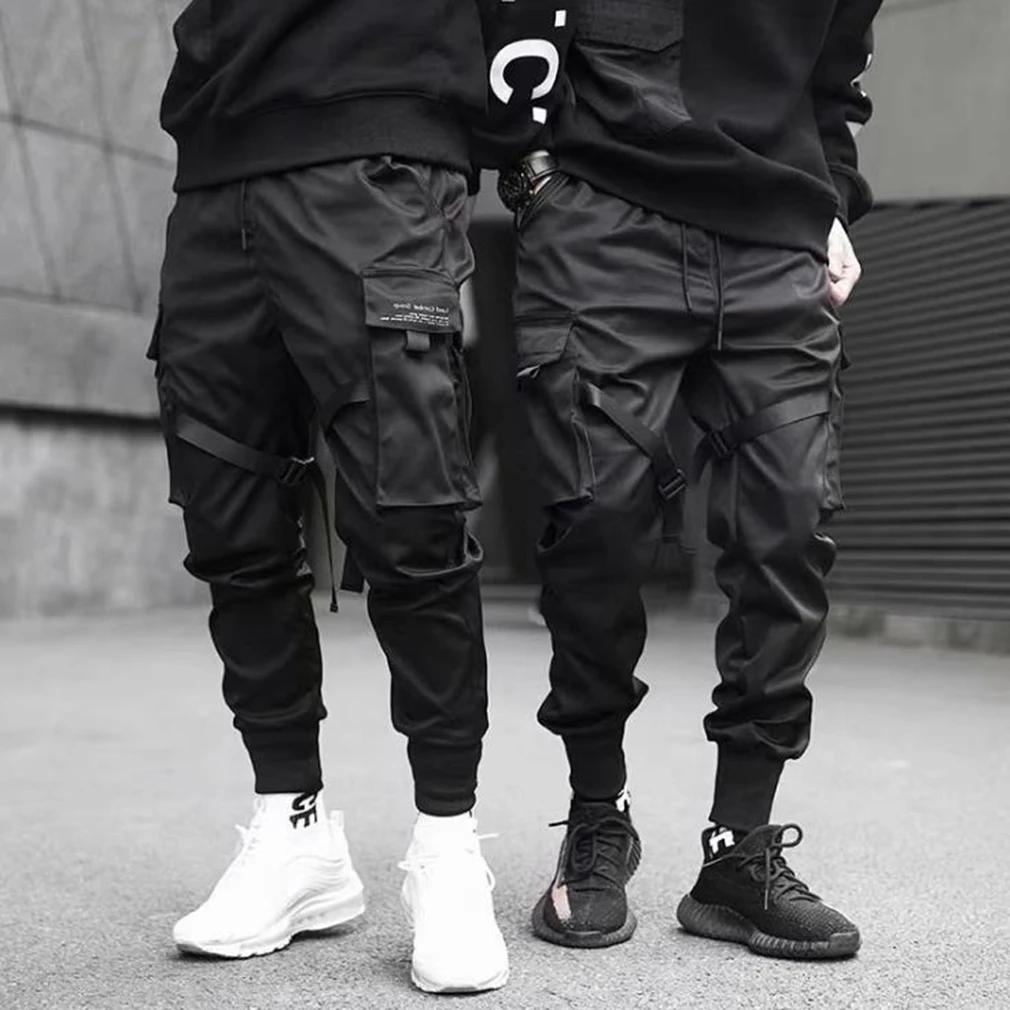

Men Cargo Pants Black Ribbons Block Multi-Pocket Harem Joggers Harajuku Sweatpant Hip Hop Casual Harem Tide Male Trousers