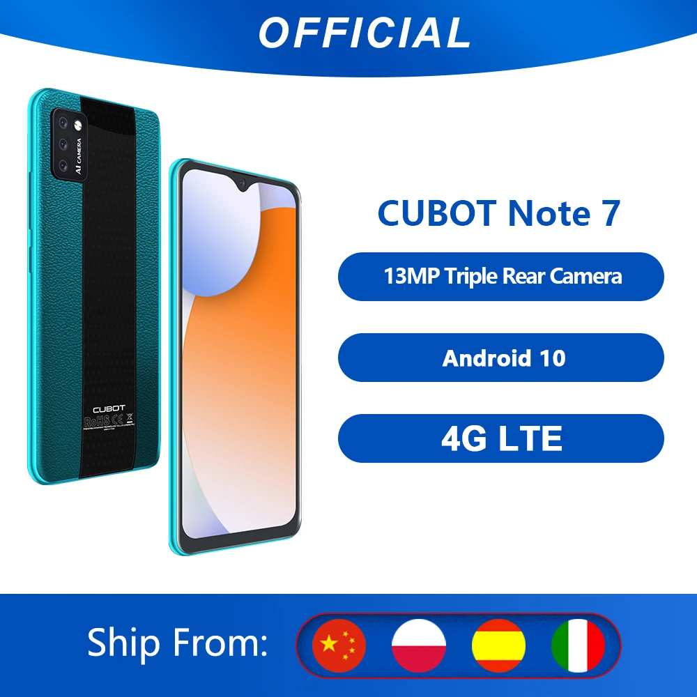 

Cubot Note 7 смартфон AI тройные камеры 13 МП Поддержка Распознавания лица 5,5 " экран капли воды 3100 мАч Батарея 4G LTE Сети, Google Android 10, две sim-карты, мобил...