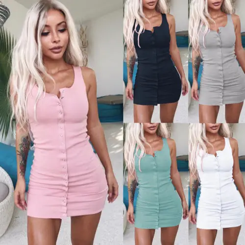 Women Sexy Casual Summer Mini Dress Party Button Bodycon Sleeveless Dresses for Ladies
Women Sexy Casual Summer Mini Dress Party Button Bodycon Sleeveless Dresses for Ladies