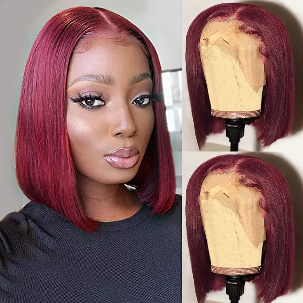 

99J цветные парики боб бордовые прямые 13x 4 кружевные передние человеческие волосы короткий боб парик 180 плотность бразильские волосы Remy для черных женщин