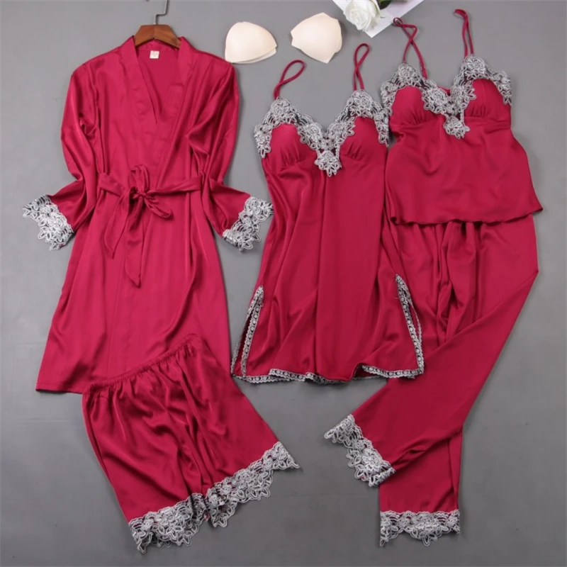 Spring Autumn Women Satin Pyjama Set Sexy Lace Pajamas Sleepwear Night Suits Soft Nightwear Home Clothes With Chest Pads
Spring Autumn Women Satin Pyjama Set Sexy Lace Pajamas Sleepwear Night Suits Soft Nightwear Home Clothes With Chest Pads