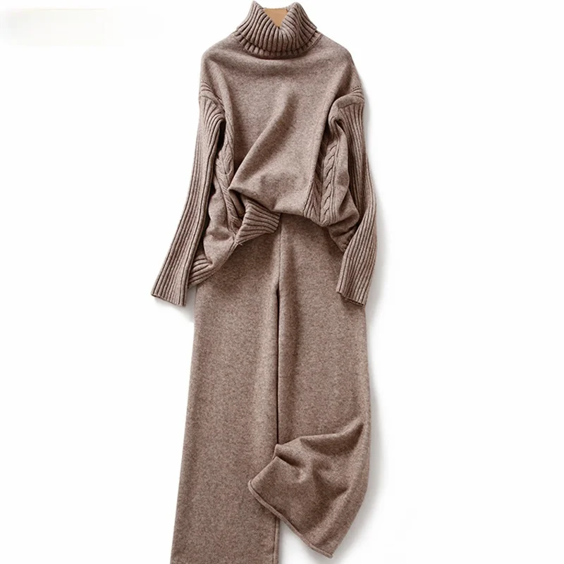 Autumn Winter Thicken Knitted 2 Pieces Set Women Turtleneck Pullover Sweater & Wide Leg Pants 2021 Sweater Set Female 
Autumn Winter Thicken Knitted 2 Pieces Set Women Turtleneck Pullover Sweater & Wide Leg Pants 2021 Sweater Set Female