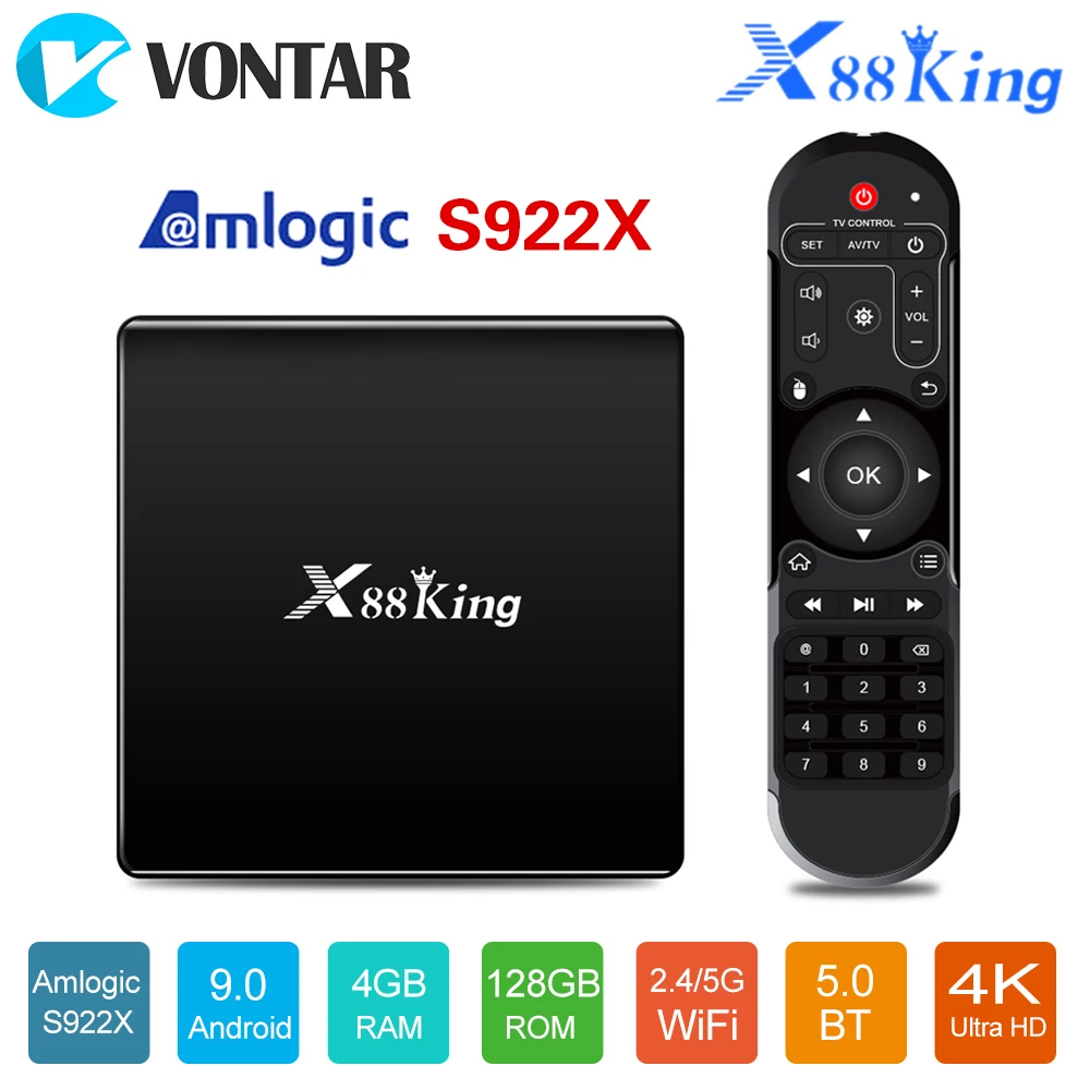 ТВ-приставка X88 King, 4 Гб, 128G, Amlogic S922X, Android 9,0, Двойной Wi-Fi, BT5.0, 1000M, 4K, Google Play Store, Youtube, 4K, медиаплеер 
ТВ-приставка X88 King, 4 Гб, 128G, Amlogic S922X, Android 9,0, Двойной Wi-Fi, BT5.0, 1000M, 4K, Google Play Store, Youtube, 4K, медиаплеер