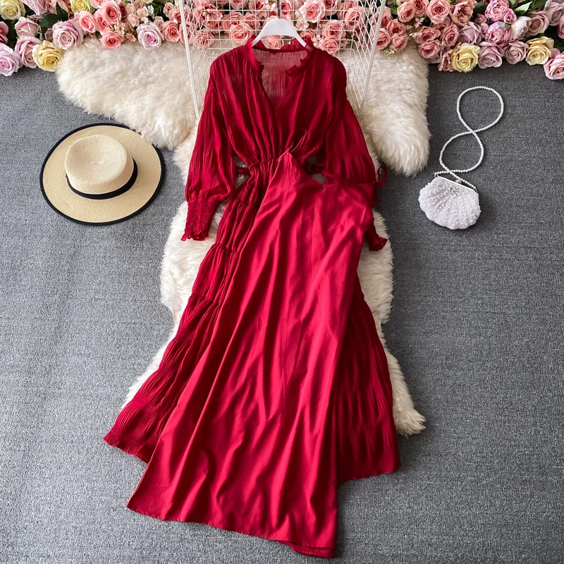 Vintage Red/Orange/Beige Chiffon Dress Women Elegant V-Neck Lantern Long Sleeve High Waist Party Beach Vestido Female Spring New
Vintage Red/Orange/Beige Chiffon Dress Women Elegant V-Neck Lantern Long Sleeve High Waist Party Beach Vestido Female Spring New