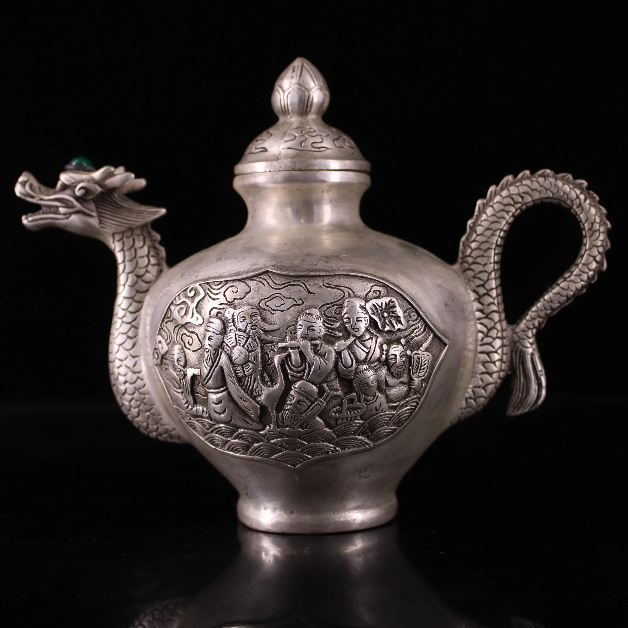 

7"Tibetan Temple Collection Old Bronze Gilt silver mosaic gem Eight Immortals Painting Dragon mouth flagon kettle teapot