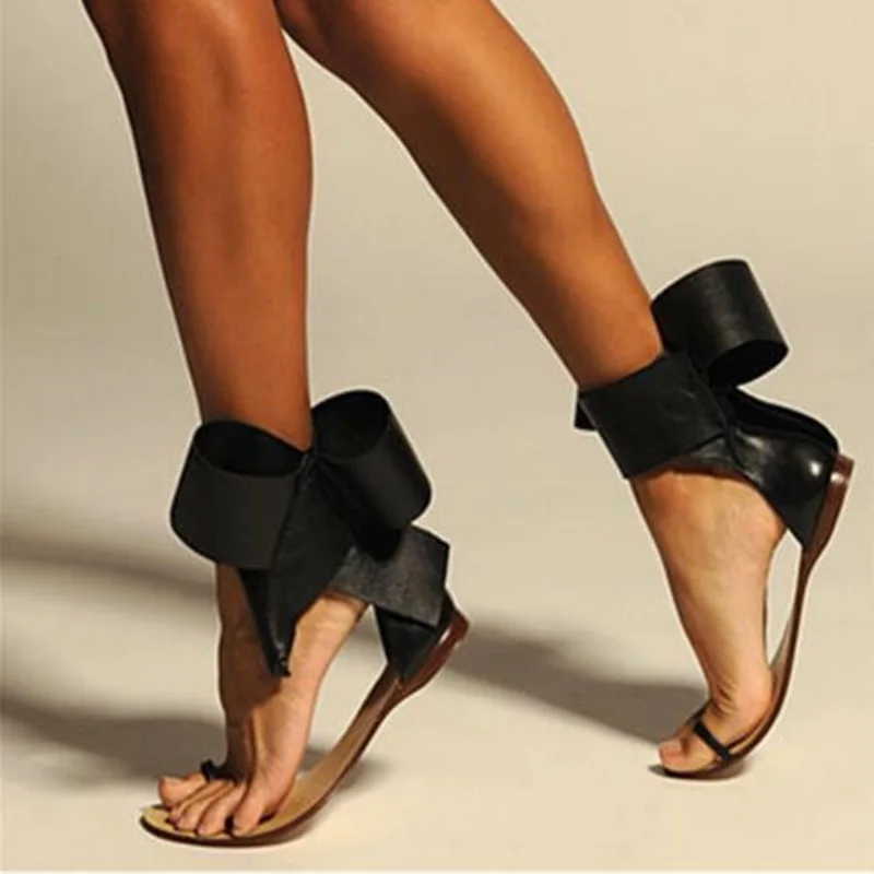 

Big Size 45 Black Bowtie Sandals Ankle Strap Knot Clip Toe Flat Shoes Cut-out Summer Leisure Shoes Gladiator Women Flat Slippers