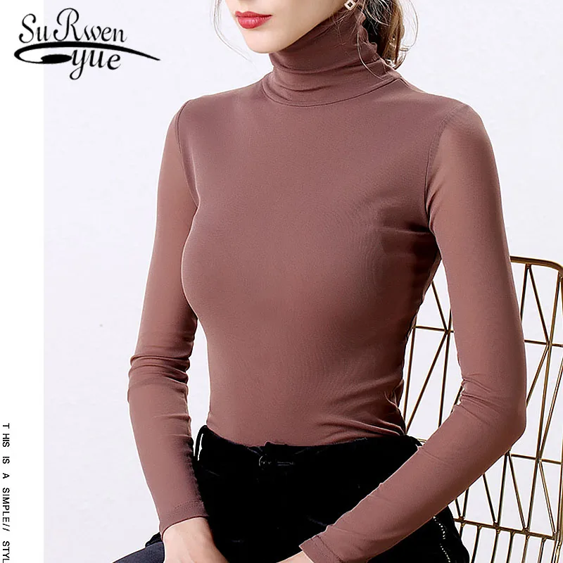 

New Fashion Plus Size Women's Clothes Fall Korean Solid Long Sleeve Turtleneck Slim Women Blouse Shirt Chemisier Femme 5912 50