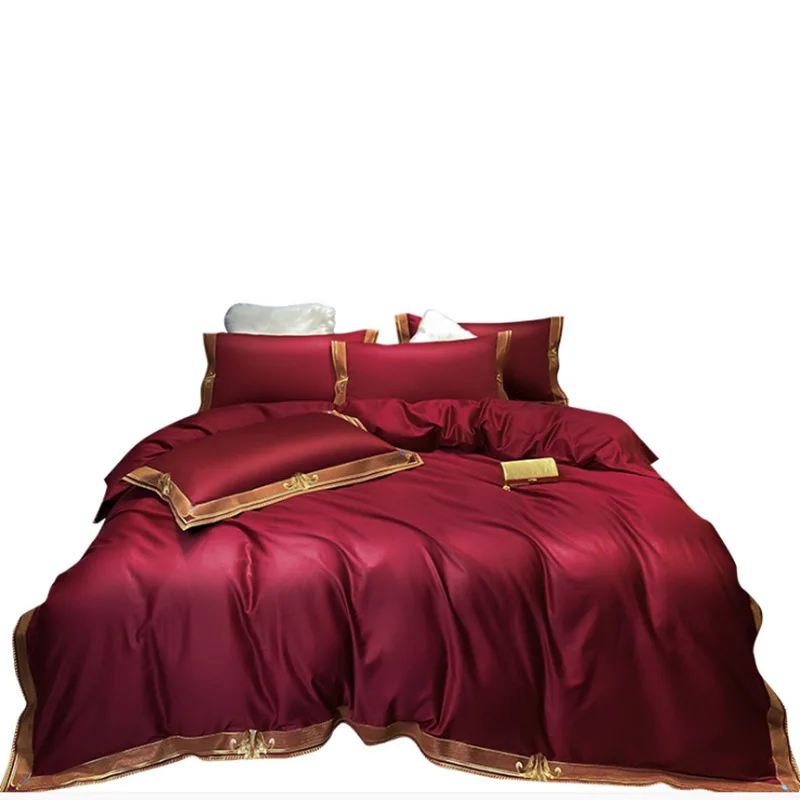 European-style 100 horse cotton four-piece high-end embroidered quilt cover cotton cotton luxury wine red bedding 
European-style 100 horse cotton four-piece high-end embroidered quilt cover cotton cotton luxury wine red bedding
