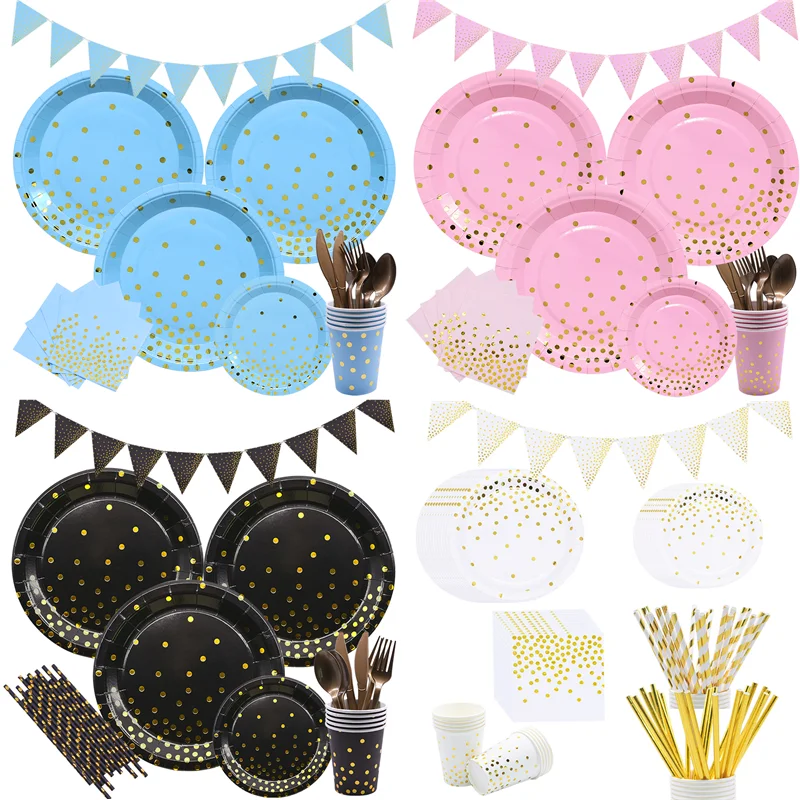 1set Disposable Tableware Black Pink Blue Paper Plates Straws Cups Gold Round Dot For Wedding Birthday Decor Home Party Supplies
1set Disposable Tableware Black Pink Blue Paper Plates Straws Cups Gold Round Dot For Wedding Birthday Decor Home Party Supplies