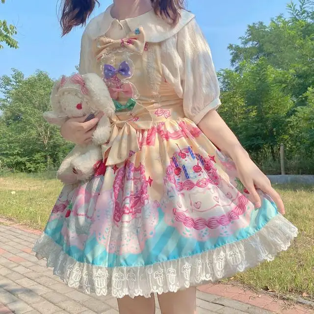 Japanese Girls Cute Jsk Lolita Dress Sweet dessert cake Cartoon Print Sleeveless Dress Women Ruffled Princess Dresses
Japanese Girls Cute Jsk Lolita Dress Sweet dessert cake Cartoon Print Sleeveless Dress Women Ruffled Princess Dresses