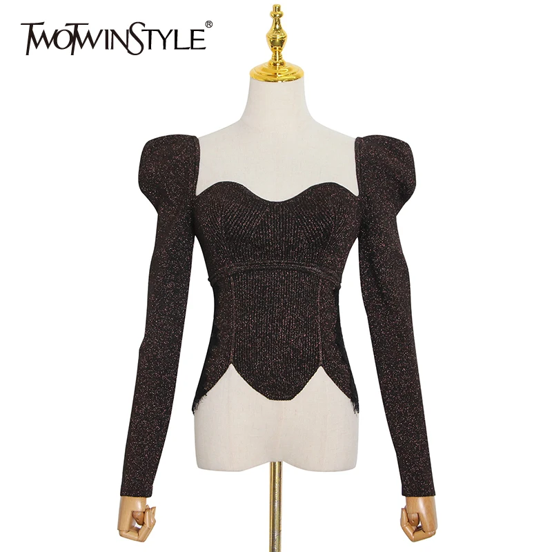 TWOTWINSTYLE Sexy Black Knitting Pullovers For Women Square Collar Long Sleeve Slim Sweater Female Fashion New Clothing 2022
TWOTWINSTYLE Sexy Black Knitting Pullovers For Women Square Collar Long Sleeve Slim Sweater Female Fashion New Clothing 2022