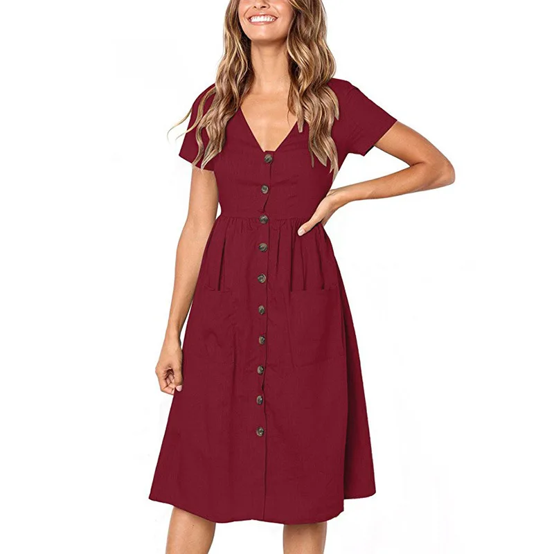 Red Blue A Line Casual Dresses Women Summer Dress 2021 Vintage Short Sleeve Dress For Ladies Buttons V Neck Midi Vestidos Female
Red Blue A Line Casual Dresses Women Summer Dress 2021 Vintage Short Sleeve Dress For Ladies Buttons V Neck Midi Vestidos Female