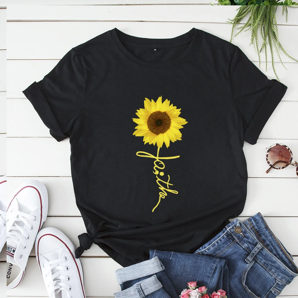 Sunflower Faith Letter Print T Shirt Women Short Sleeve O Neck Loose Tshirt 2020 Summer Fashion Women Tee Shirt Tops
Sunflower Faith Letter Print T Shirt Women Short Sleeve O Neck Loose Tshirt 2020 Summer Fashion Women Tee Shirt Tops