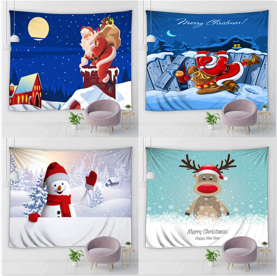 

Merry Christmas Tapestry Santa Claus Snowman Elk Wall Hanging Decoration Christmas Tapestries Living Room Bedroom Hippie Blanket