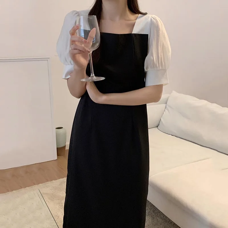 Korejpaa Women Dress 2021 Summer Korean Chic Elegant Square Collar Contrast Color Mesh Stitching Slimming Puff Sleeve Vestidos 
Korejpaa Women Dress 2021 Summer Korean Chic Elegant Square Collar Contrast Color Mesh Stitching Slimming Puff Sleeve Vestidos