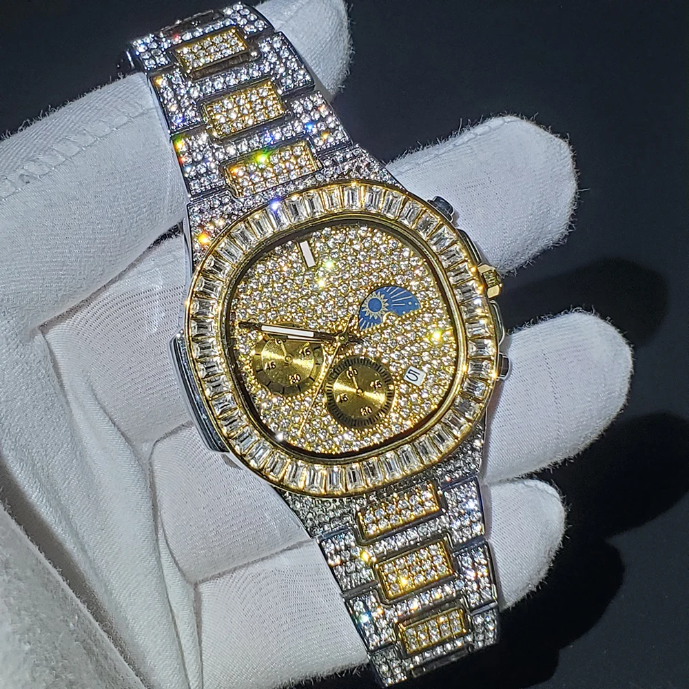 Hiphop MISSFOX Men Diamond Watch Quartz Gold Hip Hop Luxury Brand Wristband Moon Phase Watches 5A CZ Stainless Steel Watch Clock
Hiphop MISSFOX Men Diamond Watch Quartz Gold Hip Hop Luxury Brand Wristband Moon Phase Watches 5A CZ Stainless Steel Watch Clock