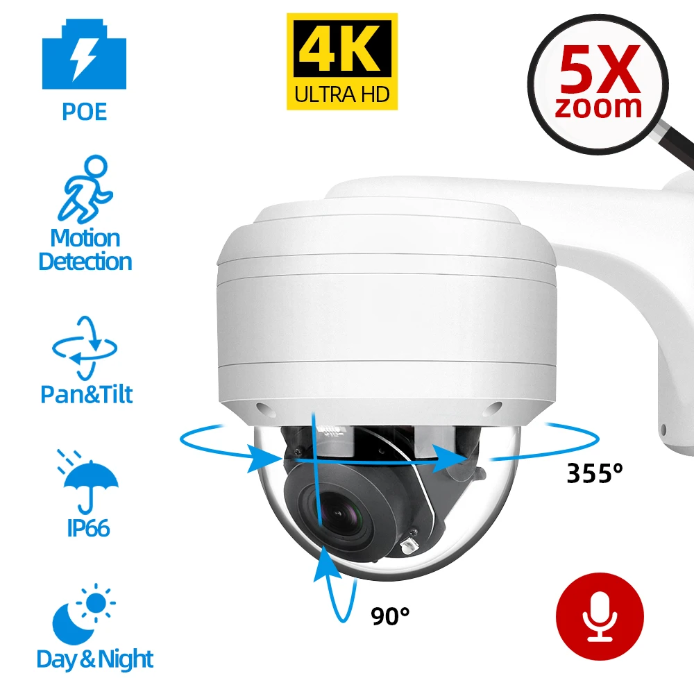

4K 8MP 5X Dome POE PTZ IP Camera Optical Zoom 2.7-13.5mm with Audio Outdoor IP66 Weatherproof IR 35m Onvif H.265 P2P View 5MP