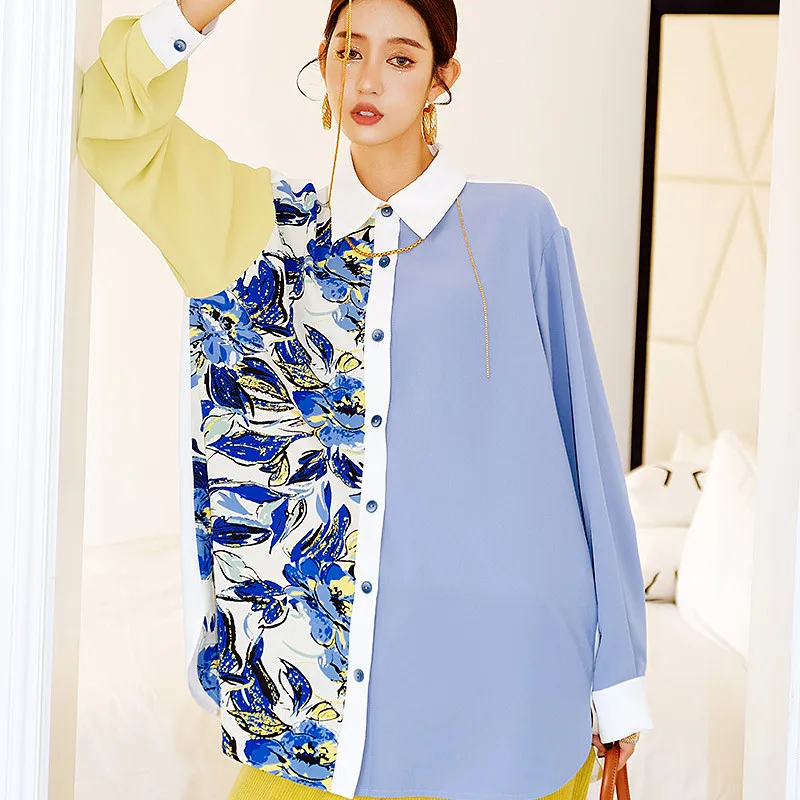 Spring Women Full Sleeve Floral Print Patchwork Shirts Loose Blousa Women Tops Color Contrast Blouses Women Casual Shirts SL535 
Spring Women Full Sleeve Floral Print Patchwork Shirts Loose Blousa Women Tops Color Contrast Blouses Women Casual Shirts SL535