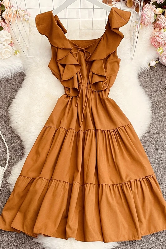 2021 New Summer Women Casual All-match V-neck Ruffle sleeveless Dress Waist slim solid A-line Dress
2021 New Summer Women Casual All-match V-neck Ruffle sleeveless Dress Waist slim solid A-line Dress