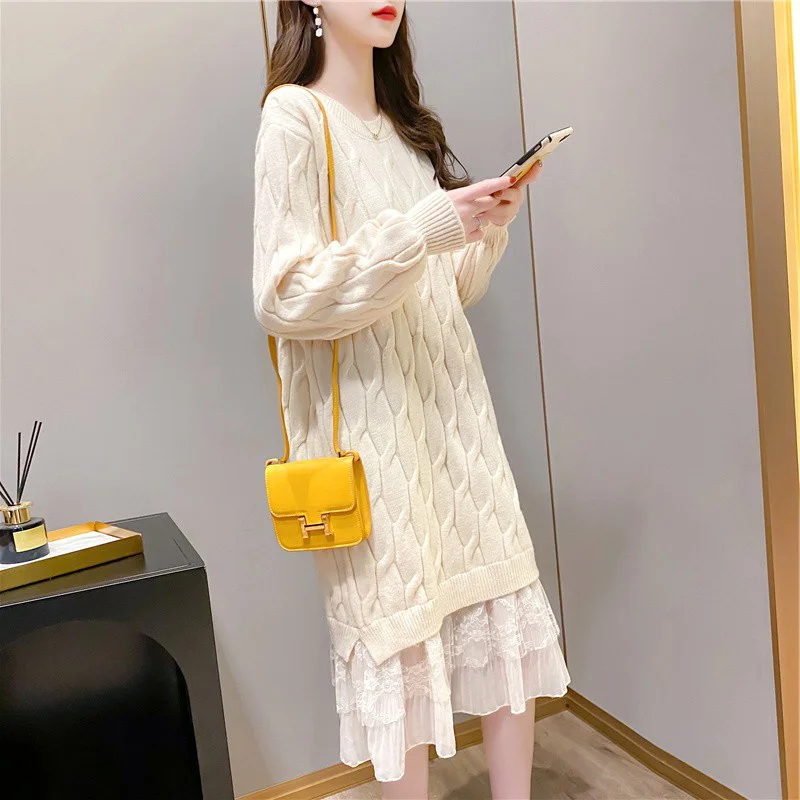 New Bottomed Women's Knitting Dress Medium Patchwork Lace Autumn Winter Thickened O-Neck Long Sleeve Knitted Dress
New Bottomed Women's Knitting Dress Medium Patchwork Lace Autumn Winter Thickened O-Neck Long Sleeve Knitted Dress