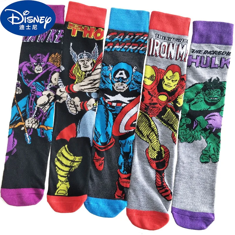 

Disney 5 Pairs/Pack Men socks Marvel Comic Heros Anime pattern Iron man Thor Captain America Hulk Hawkeye compression Crew