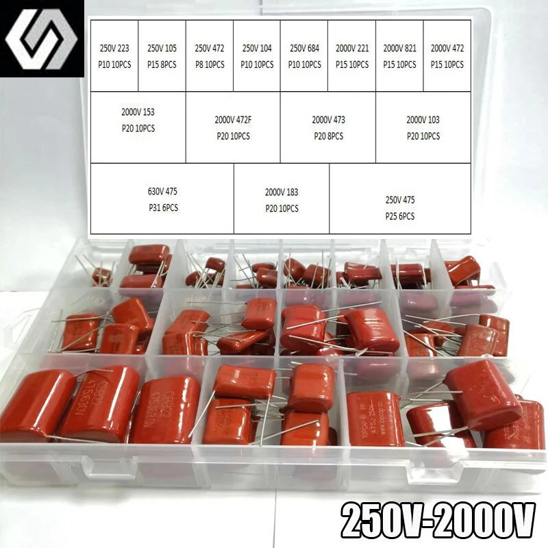250V 630V 2000V 140pcs/box 24 Types 223 105 472 104 684 221 821 472 153 472 473 103 475 183 475 CBB Metal Film Capacitors KIT
250V 630V 2000V 140pcs/box 24 Types 223 105 472 104 684 221 821 472 153 472 473 103 475 183 475 CBB Metal Film Capacitors KIT