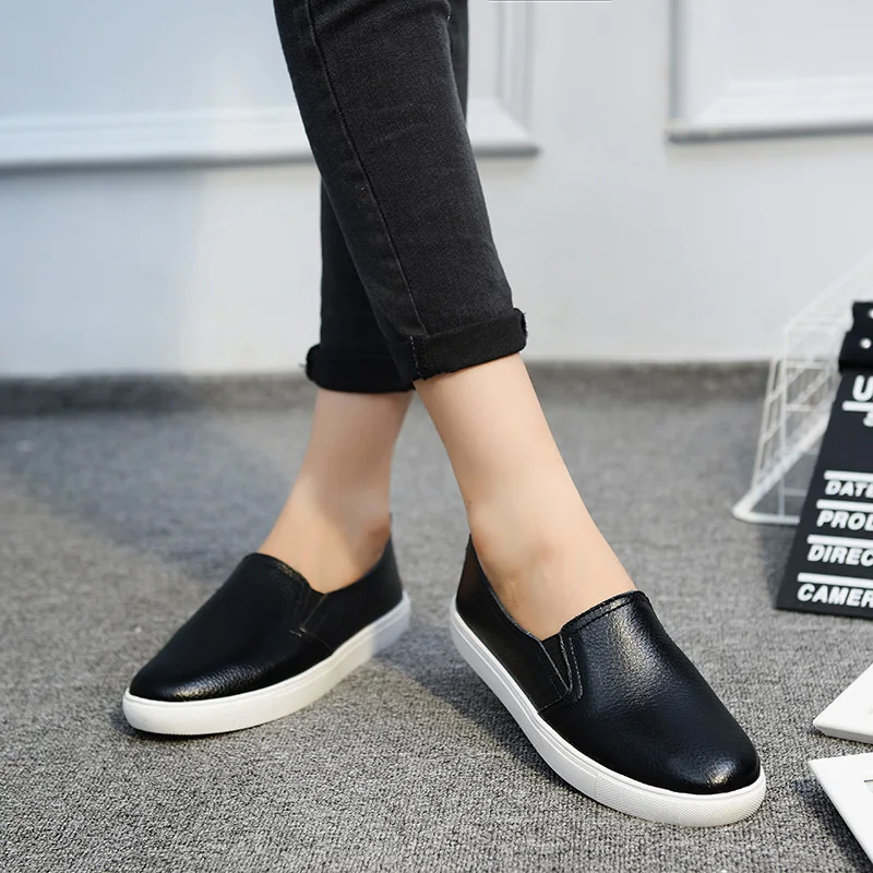 

Spring White Shoes Women Casual Shoes Loafers Solid Color Black Sliver Slip-On Flats Women Students Leather Shoes Back