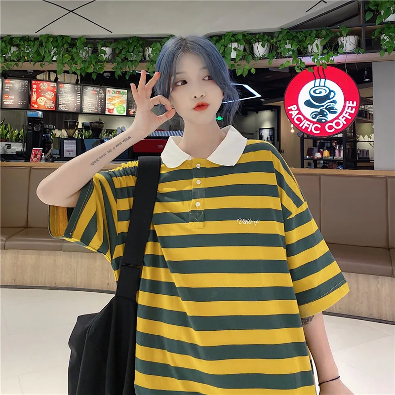 2021 Summer Oversized Female Polo Striped Japanese Short-Sleeved t-Shirt Female Korean Fashion Loose Harajuku Kawaii Women's Top
2021 Summer Oversized Female Polo Striped Japanese Short-Sleeved t-Shirt Female Korean Fashion Loose Harajuku Kawaii Women's Top