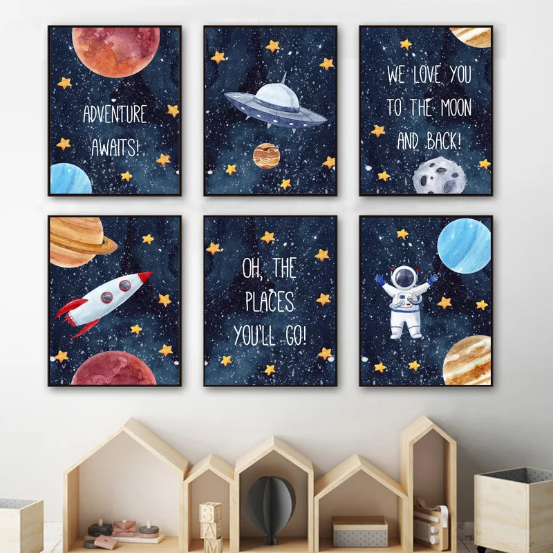 

Nordic Space Theme Print Posters Nursery Cartoon Spaceman Canvas Painting Child Quote Wall Art Picture Rocket Kid Room Decor