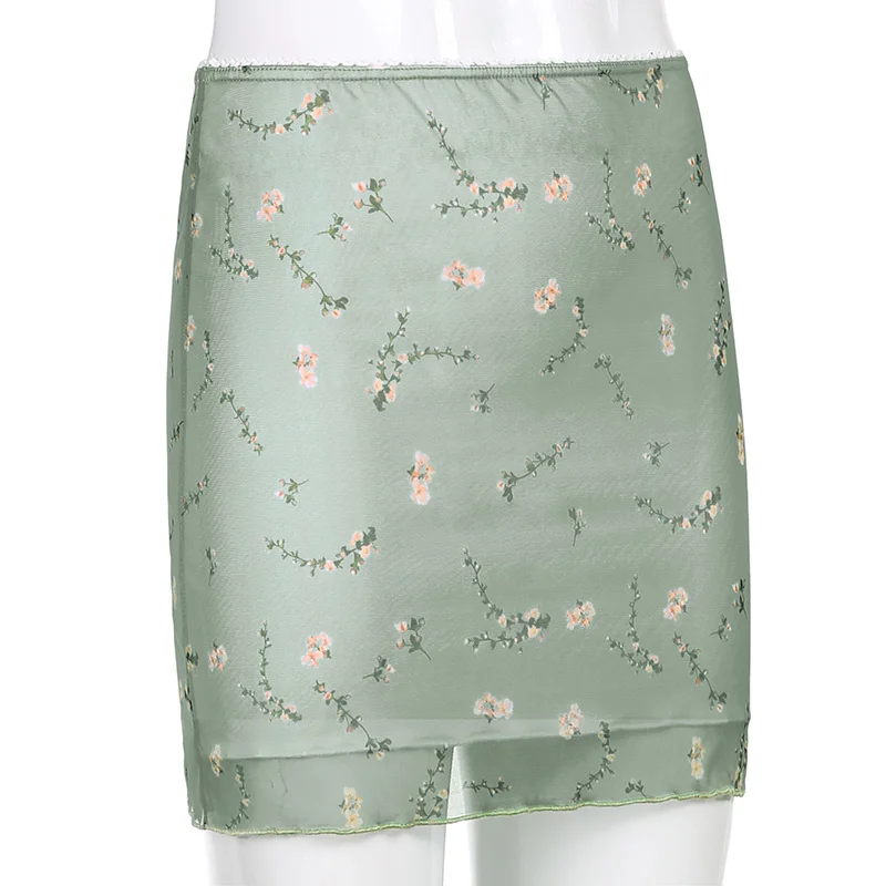 

2000s Aesthetic Cute Mni Skirts Womens Double Layer Mesh Flower Print Kawaii Clothes Low Waist Slim Sexy Summer Skirt