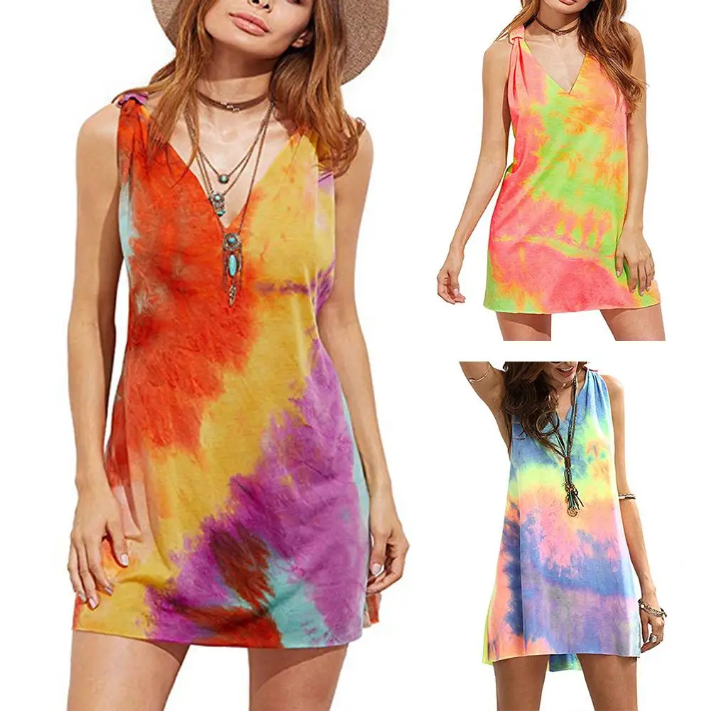 Summer Dress Sexy Tie Dye V Neck Sleeveless Cross Back Loose Party Beach Mini Dress Tie Dye Female Dress robe femme Beach Wear
Summer Dress Sexy Tie Dye V Neck Sleeveless Cross Back Loose Party Beach Mini Dress Tie Dye Female Dress robe femme Beach Wear