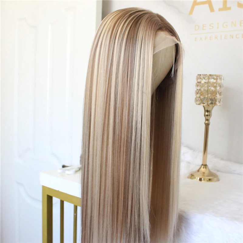 Blonde Lace Front Wig Ombre Synthetic Hair Middle Part Highlight Long Straight 22 inch | Шиньоны и парики