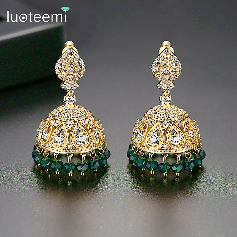 

LUOTEEMI Luxuious Indian Ethnic Tribal Bell Drop Earrings for Women Wedding Party Bridal with Dark Green Breads Fashion Jewelry