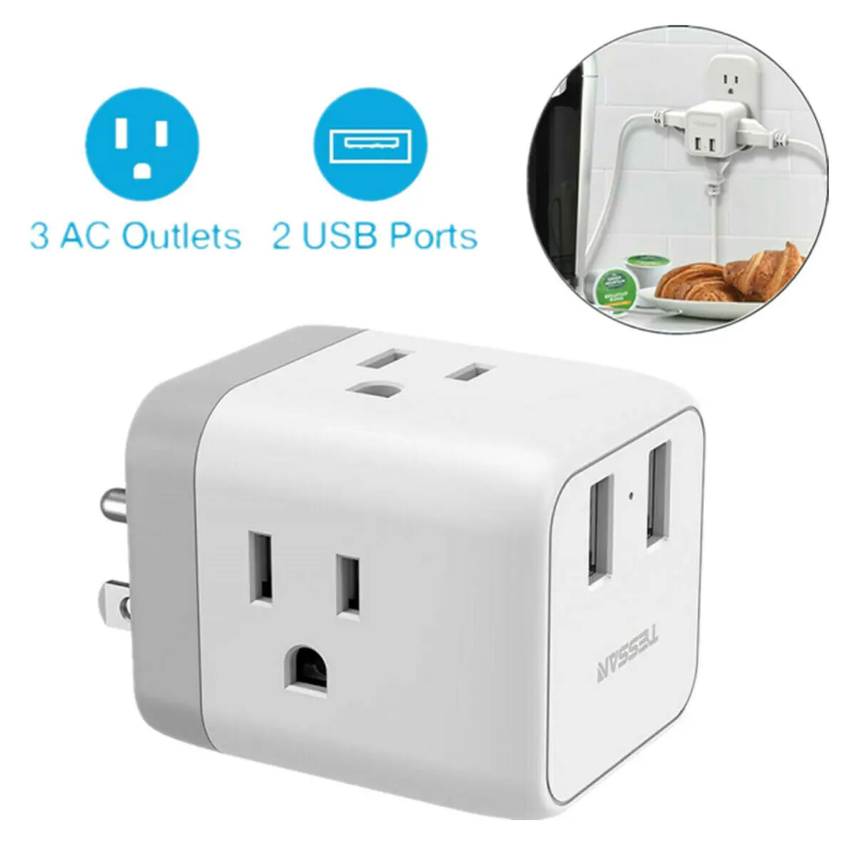 TESSAN Multi Plug Wall Charger Power Strip with 3 AC Outlets and 2 USB Charging Ports 5 In 1 Power Adapter for Home Travel
TESSAN Multi Plug Wall Charger Power Strip with 3 AC Outlets and 2 USB Charging Ports 5 In 1 Power Adapter for Home Travel