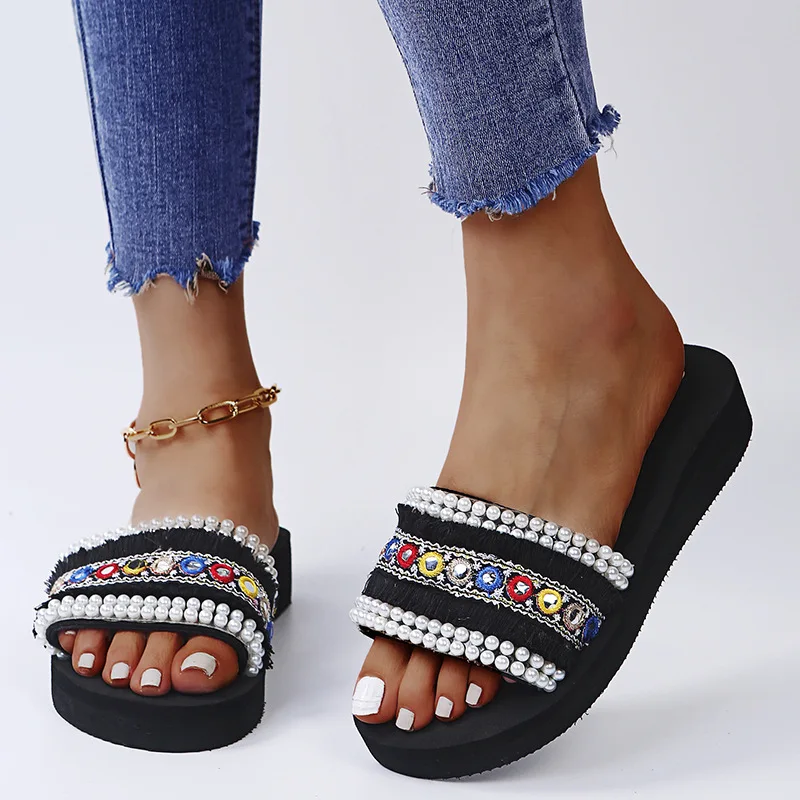 Ethnic Ladies Shoes Women Slippers 3cm Thick Platform Tassel Sandals Light Weight Peep Toe Slides Women Pearl Fringe Slipper2021
Ethnic Ladies Shoes Women Slippers 3cm Thick Platform Tassel Sandals Light Weight Peep Toe Slides Women Pearl Fringe Slipper2021
