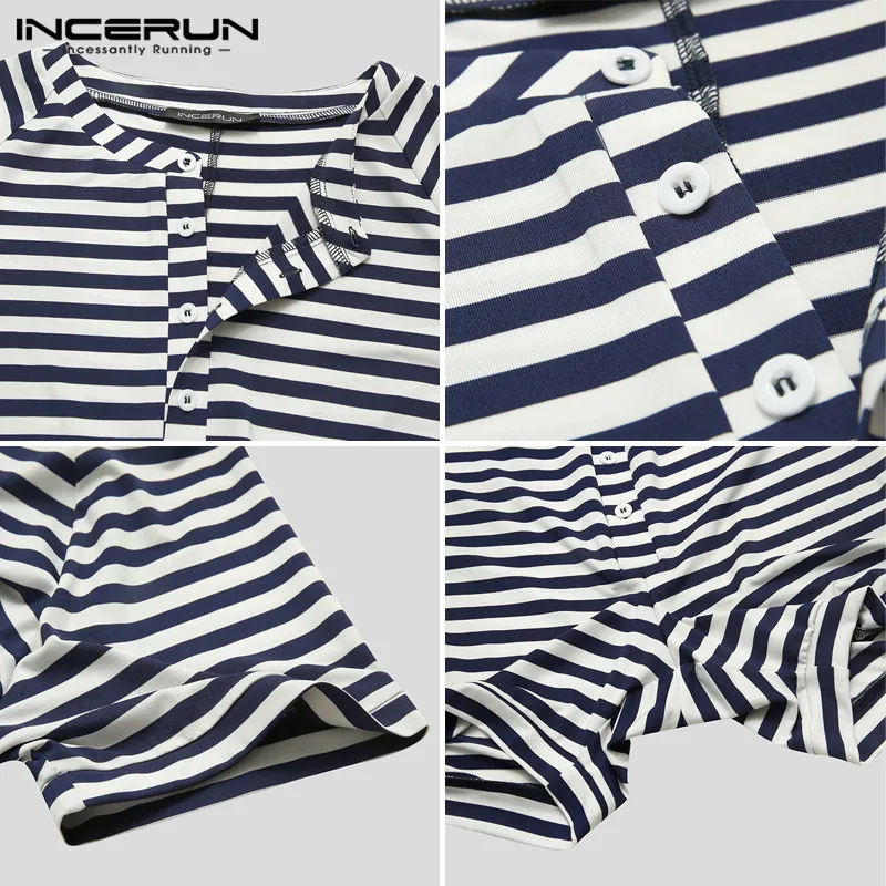2021 Striped Men Pajamas Playsuit Short Sleeve Button Fitness Homewear Comfortable Shorts Mens Rompers Sleepwear INCERUN S-5XL 7
2021 Striped Men Pajamas Playsuit Short Sleeve Button Fitness Homewear Comfortable Shorts Mens Rompers Sleepwear INCERUN S-5XL 7