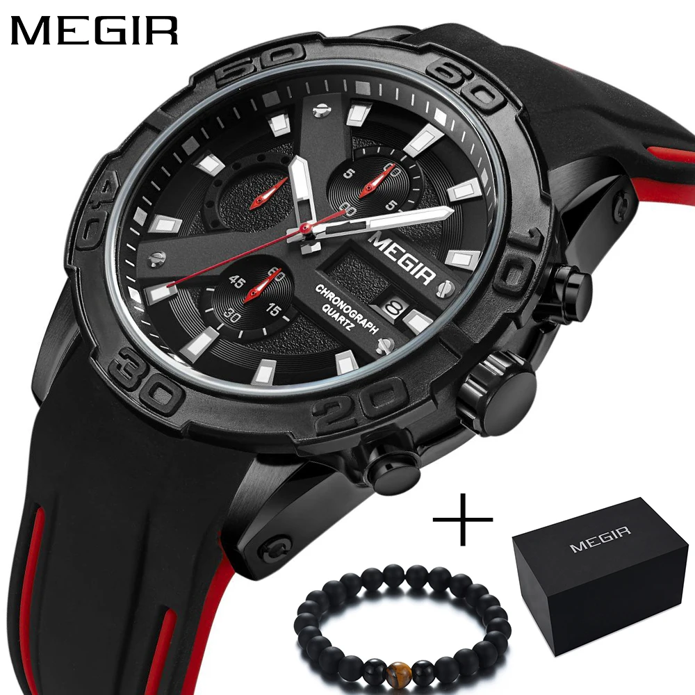 

Fashion Megir Men Chronograph Analog Quartz Watch with Date,Luminous Hands, Waterproof Silicone Rubber Strap Wristswatch