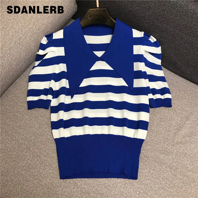 2021 Summer Retro Peter Pan Collar Knitted T-shirt Puff Sleeve Striped Pullover Women's Knitwear Waist Slim Short Ice Silk Top
2021 Summer Retro Peter Pan Collar Knitted T-shirt Puff Sleeve Striped Pullover Women's Knitwear Waist Slim Short Ice Silk Top