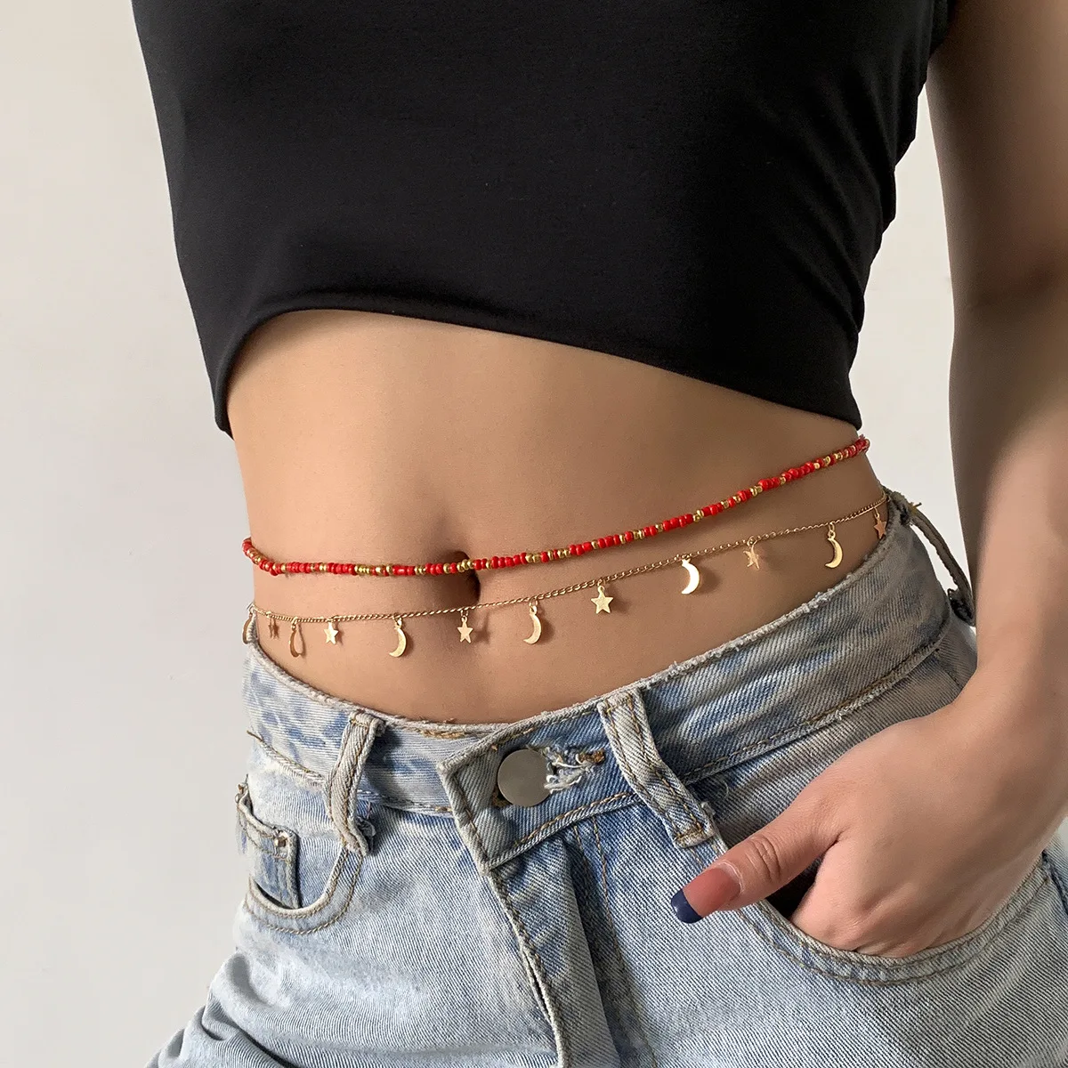 Star And Moon Pendant Waist Chain Red Beads Hip-hop Girl's Belly Chain Body jewelry Set Sexy Sandbeach Accessories for Women
Star And Moon Pendant Waist Chain Red Beads Hip-hop Girl's Belly Chain Body jewelry Set Sexy Sandbeach Accessories for Women