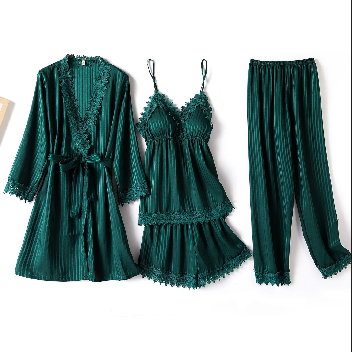 Satin Silk Pajamas Set Lace Women 4PCS Robe Suit Kimono Gown Sexy Nightwear Intimate Lingerie Striped Sleepwear Home Clothes
Satin Silk Pajamas Set Lace Women 4PCS Robe Suit Kimono Gown Sexy Nightwear Intimate Lingerie Striped Sleepwear Home Clothes