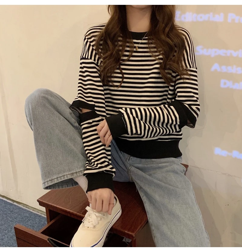 Женская хлопковая футболка, Свободный пуловер с круглым вырезом и длинным рукавом, в полоску, весна-осень, 2021
Женская хлопковая футболка, Свободный пуловер с круглым вырезом и длинным рукавом, в полоску, весна-осень, 2021