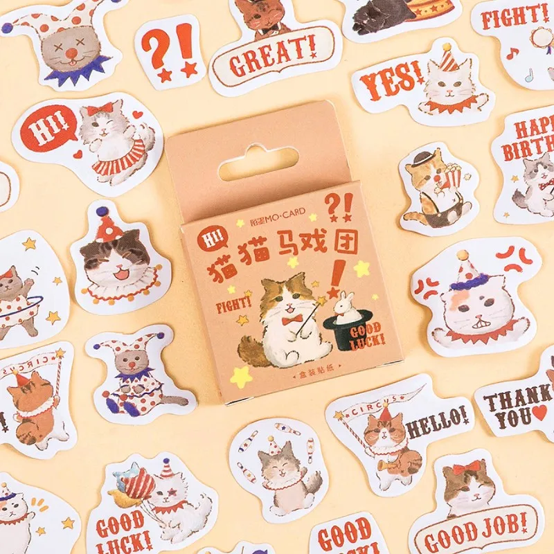 

45Pcs Boxed Sticker Cat circus animal cartoon Decorative stickers yellow diy Scrapbook hand account DIY Diary Album 4CM