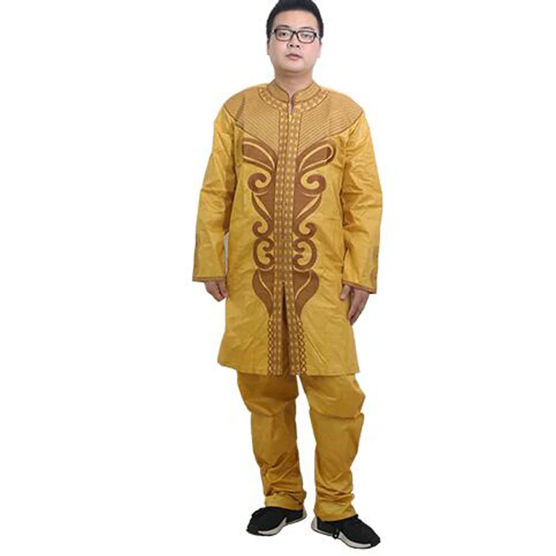 

African Mens Dashiki Shirt Pants Set Long Sleeve Tops 2 Pieces Suit Plus Size 6XL Embroidery Gold Pattern Hippie Clothes 2021