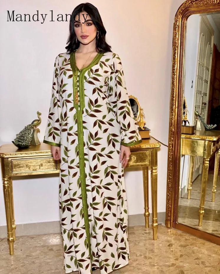 Mandylandy Muslim Casual Print Long Sleeve Loose Dress Women's Elegant Fashion V-neck Stitching Dress Arab 
Mandylandy Muslim Casual Print Long Sleeve Loose Dress Women's Elegant Fashion V-neck Stitching Dress Arab