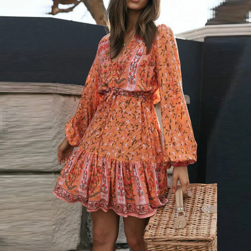 bohemian v neck print dress women Autumn long sleeve V-neck boho mini dresses girls Lace-up orange winter dress
bohemian v neck print dress women Autumn long sleeve V-neck boho mini dresses girls Lace-up orange winter dress