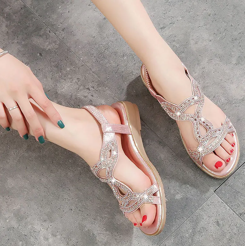 

Women Sandals Flat Fashion Rhinestone Summer Sandals Women Open-toed Wedge Shoes Solid Color Casual Sandalias De Las Mujeres