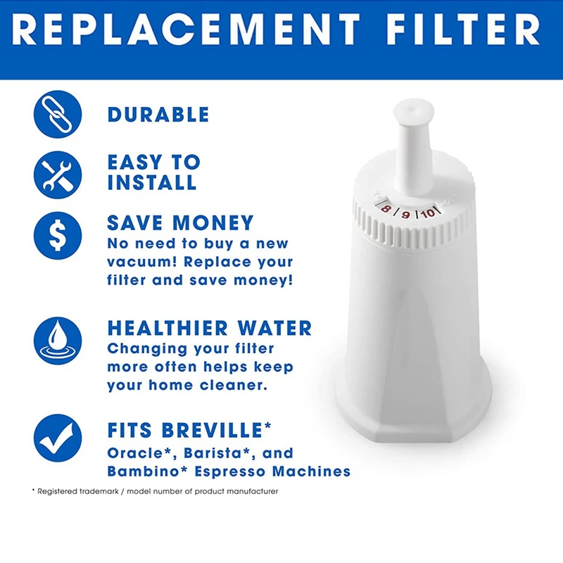 Replacement Water Filter for Breville Claro Swiss Espresso Coffee Machine - Compare to Part BES008WHT0NUC1
Replacement Water Filter for Breville Claro Swiss Espresso Coffee Machine - Compare to Part BES008WHT0NUC1